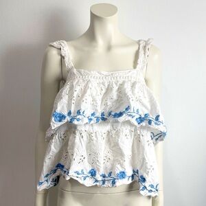 Jennifer & Grace Eyelet Boho Top White Blue Embroidered Floral Sleeveless